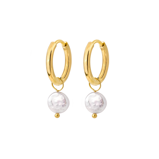 Disc Pearl Hoop Set Small Gold