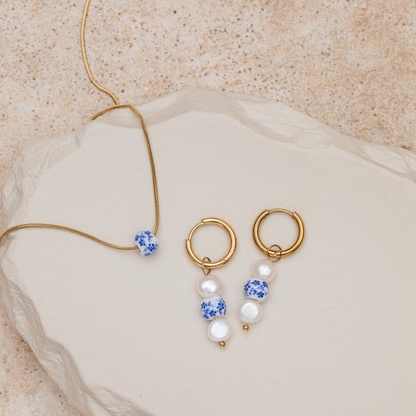 Flower Tile Pearl Hoop Set Small Roségold