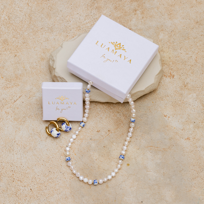 Flower Tile Pearl Necklace Roségold