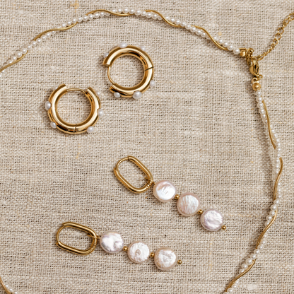 Triple Disc Pearl Oval Hoop Set Baby Gold